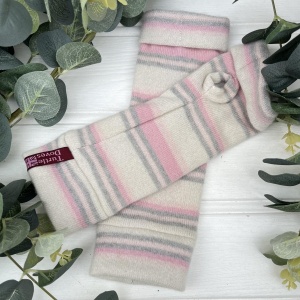 Cashmere Fingerless Gloves - Pastel Pink & Grey Stripes